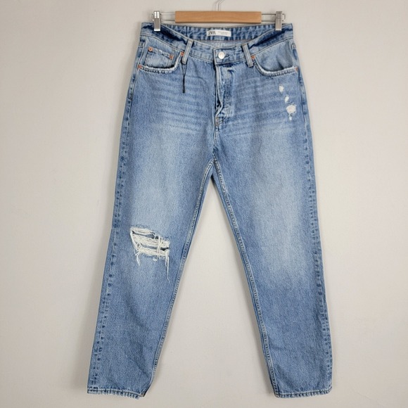 Zara Denim - Zara Jeans Womens 32 Blue Denim Button Fly Light Wash Distressed Pockets Hi Rise